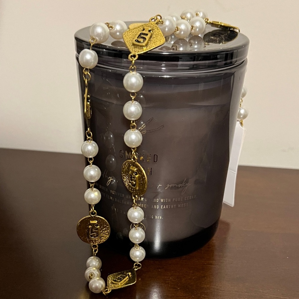 French inspired Perfume #5 Gold accent and White Pearl Necklace
